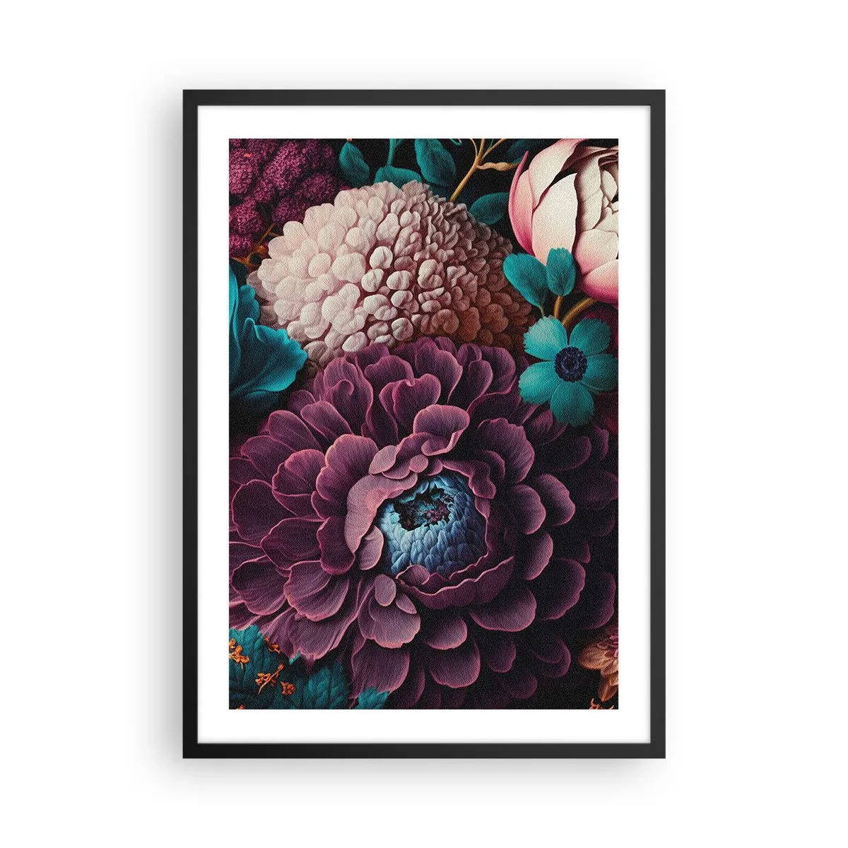 Affisch i svart ram - Ett blomsterarrangemang i djupa nyanser - 50x70cm - Natur i överflöd - Modern väggdekoration för vardagsrum och sovrum ARTTOR