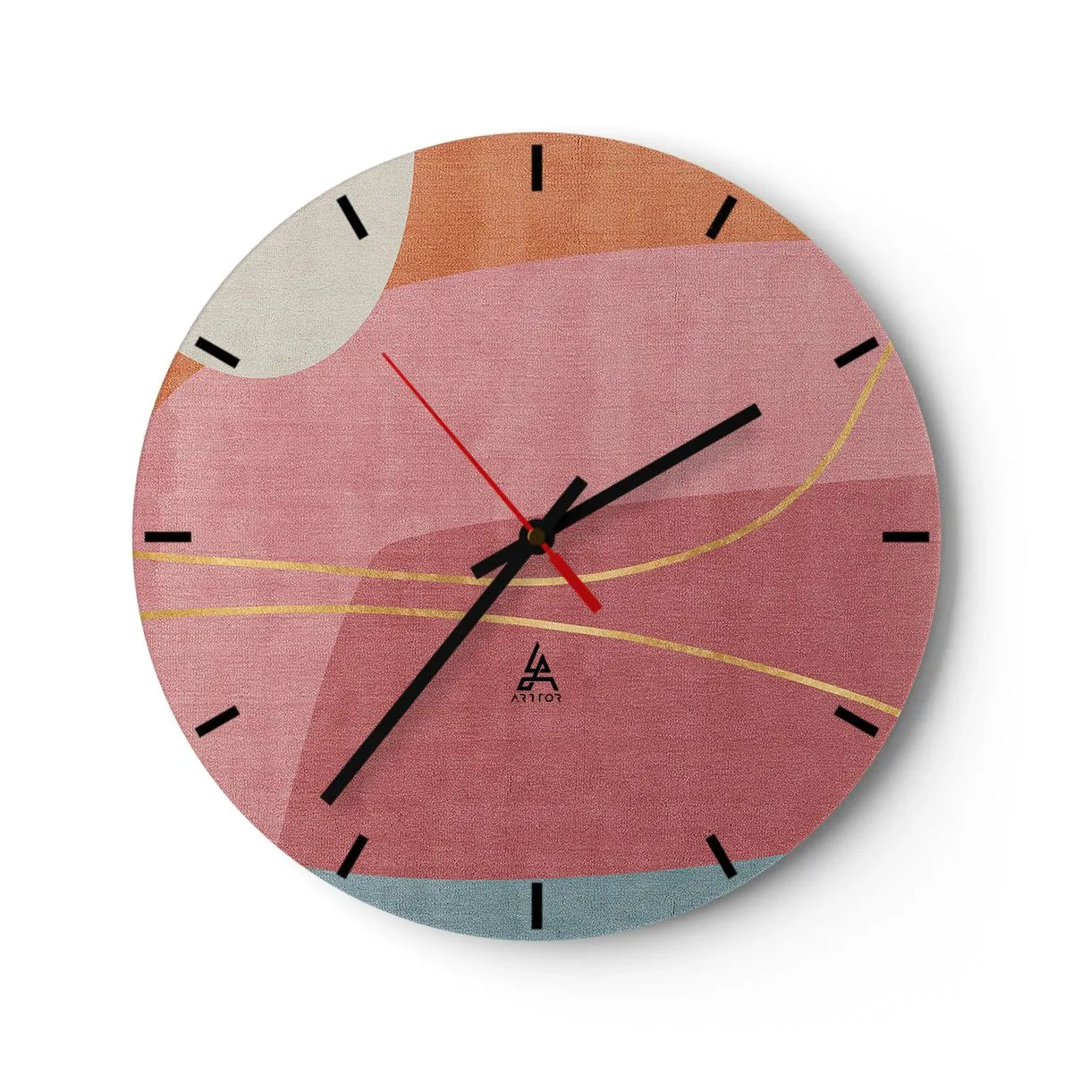 Väggklocka - Klocka på glas - Pastellformer med rosa och guldfärgade linjer i bakgrunden - 30x30cm - Pastellkomposition med guldtråd - Modern väggdekoration för vardagsrum, kök och sovrum ARTTOR