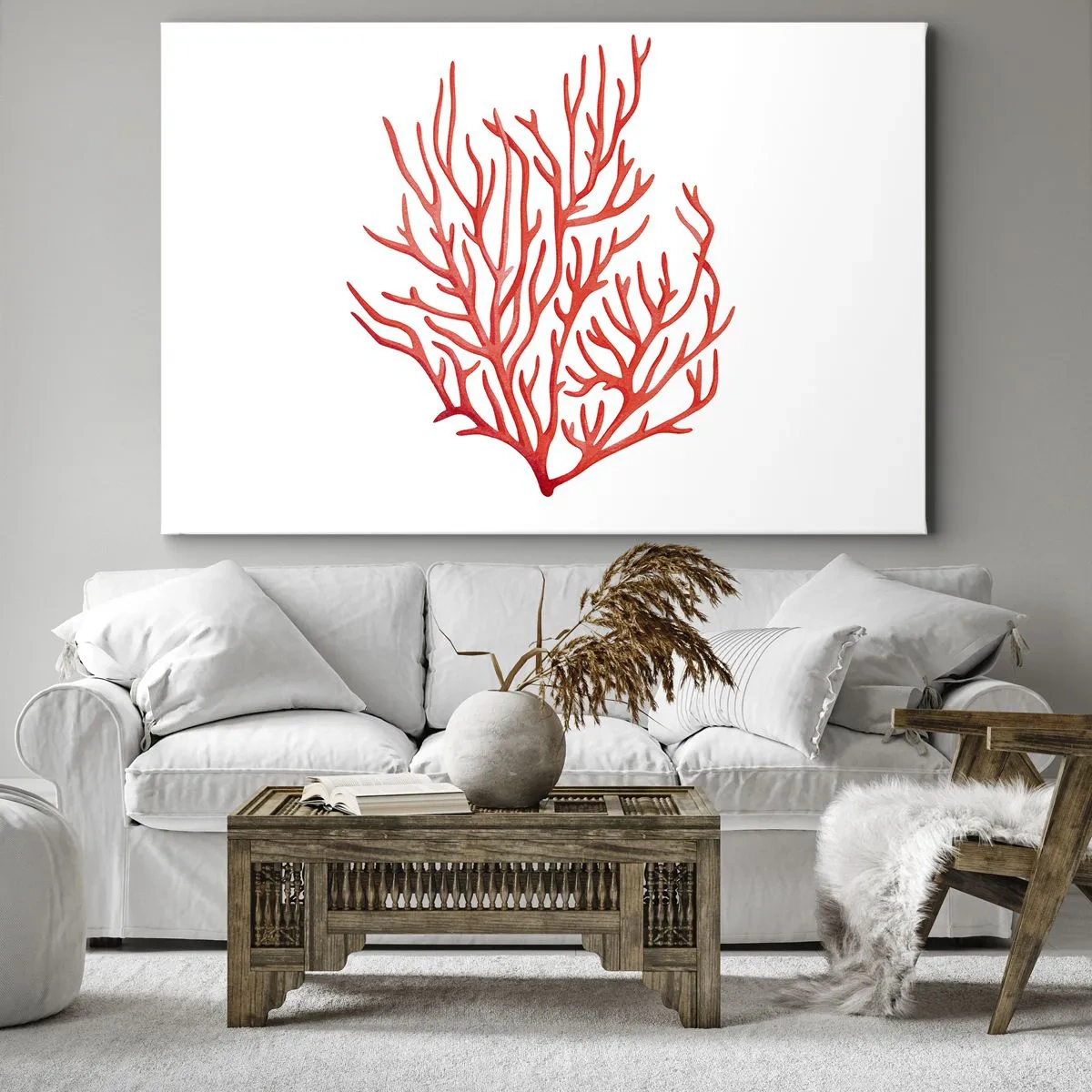 Canvastavla - Bild på duk - Röd korall på vit bakgrund i minimalistisk stil - 70x50cm - Filigran av korall - Modern väggdekoration för vardagsrum och sovrum ARTTOR