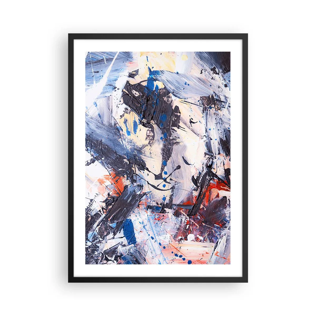 Affisch i svart ram - Abstrakt komposition i nyanser av blått och orange - 50x70cm - Abstraktionen galna dans - Modern väggdekoration för vardagsrum och sovrum ARTTOR