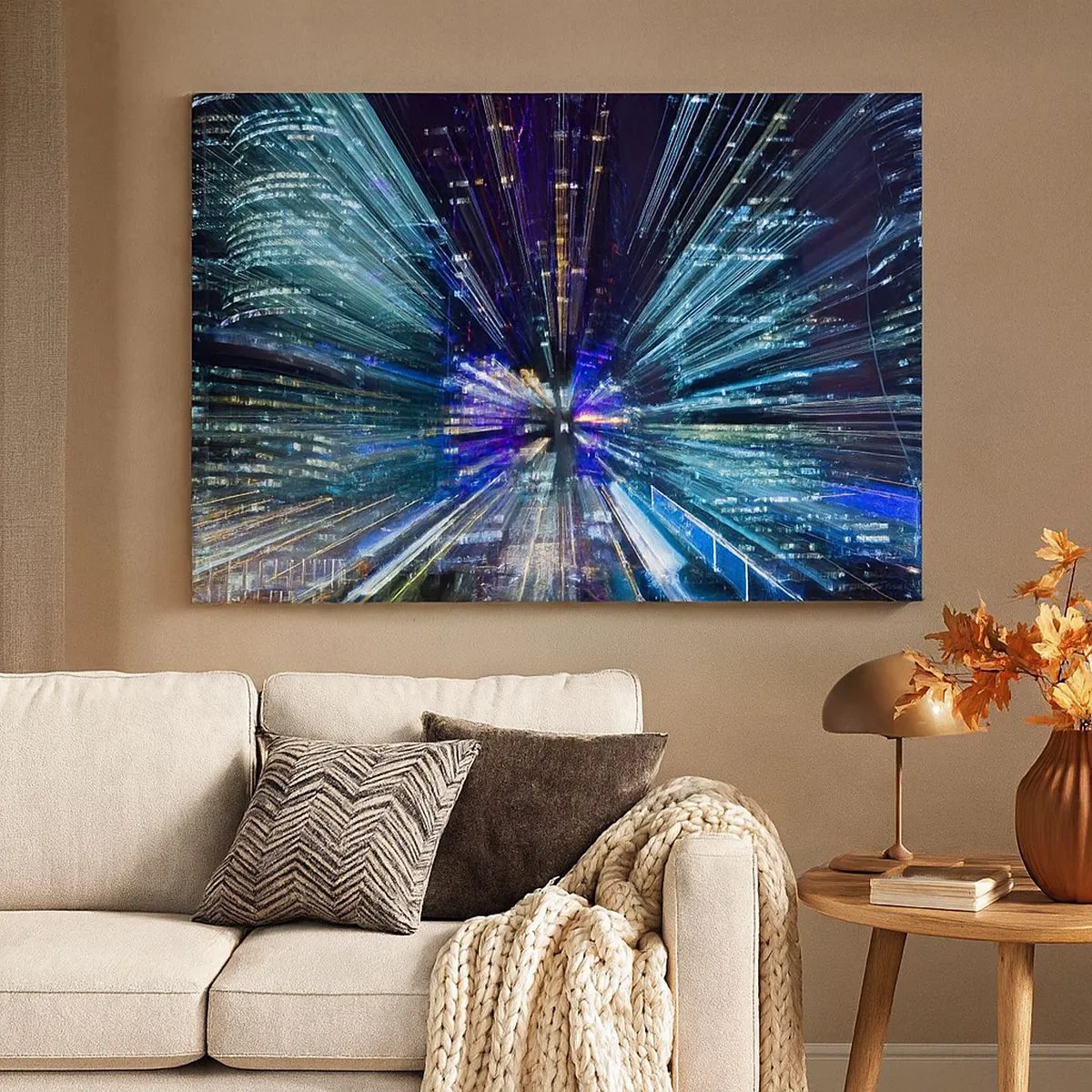 Canvastavla - Bild på duk - Dynamisk vy över staden på natten med en ljuseffekt - 70x50cm - Övergång till hyperrymden - Modern väggdekoration för vardagsrum och sovrum ARTTOR