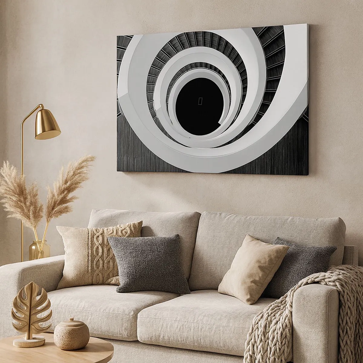 Canvastavla - Bild på duk - Svartvit spiraltrappa i modern stil - 70x50cm - Till sakens kärna - Modern väggdekoration för vardagsrum och sovrum ARTTOR