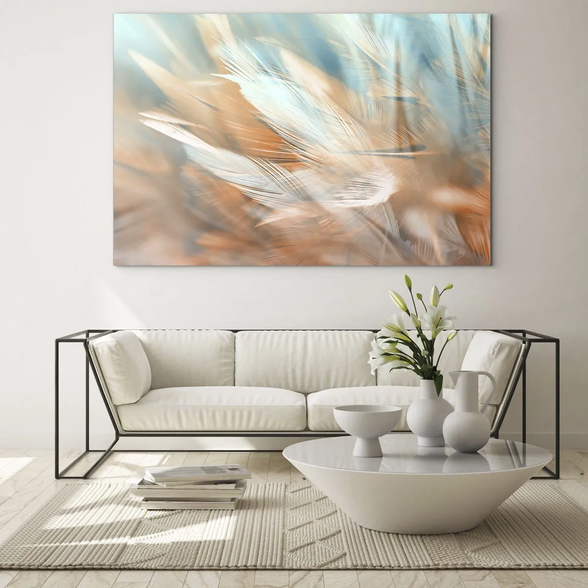 Glastavla - Bild på glas - Fina fjädrar i pastellfärger av turkos och persika - 70x50cm - I mildhetens land - Modern väggdekoration för vardagsrum och sovrum ARTTOR