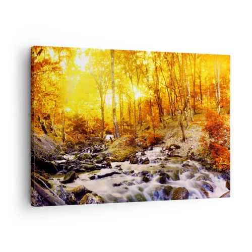 Canvastavla - Bild på duk - Höstskog med en bäck bland gyllene löv - 70x50cm - Stenar infattade i guld och platina - Modern väggdekoration för vardagsrum och sovrum ARTTOR
