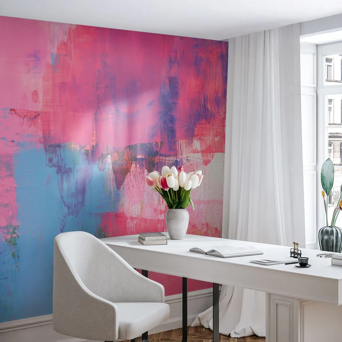 Fototapet Premium Sand - Rosa, blått och en gnutta ljus - Abstraktion, Minimalism, Bit - 100x70 cm