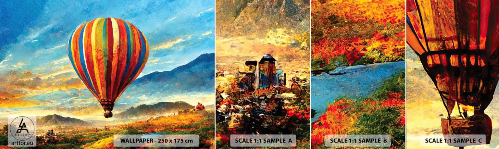 Provbit av självhäftande fototapet Deluxe Sticker - I tystnad ser man mer - Ballong, Landskap, Natur - 100x30 cm