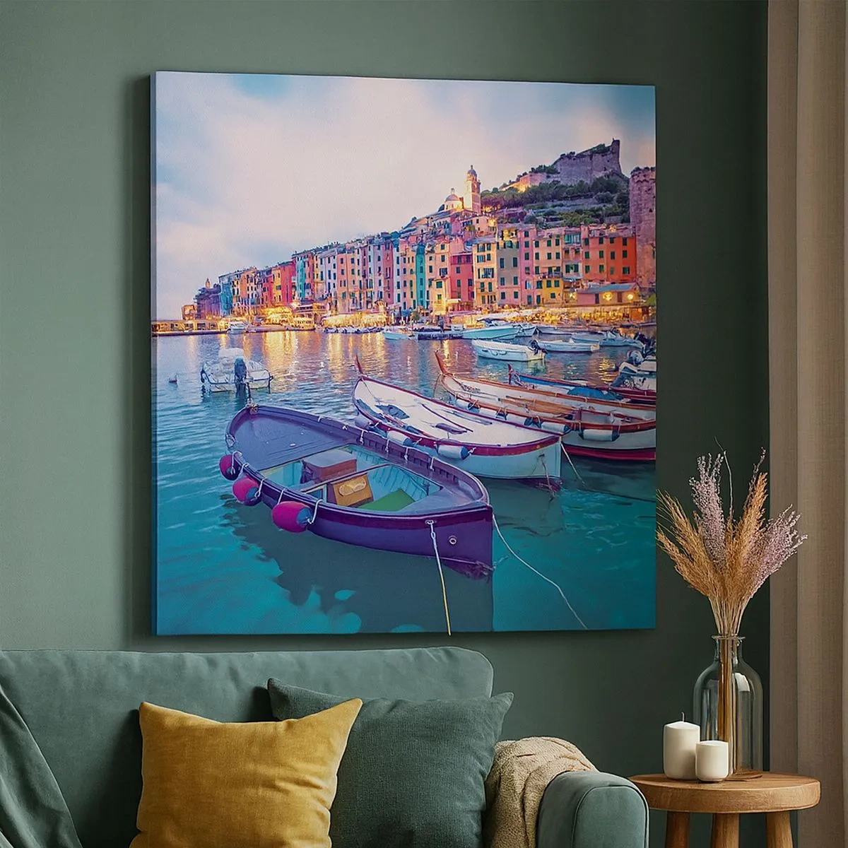 Canvastavla - Bild på duk - Färgglad kväll i hamnen - 30x30 cm