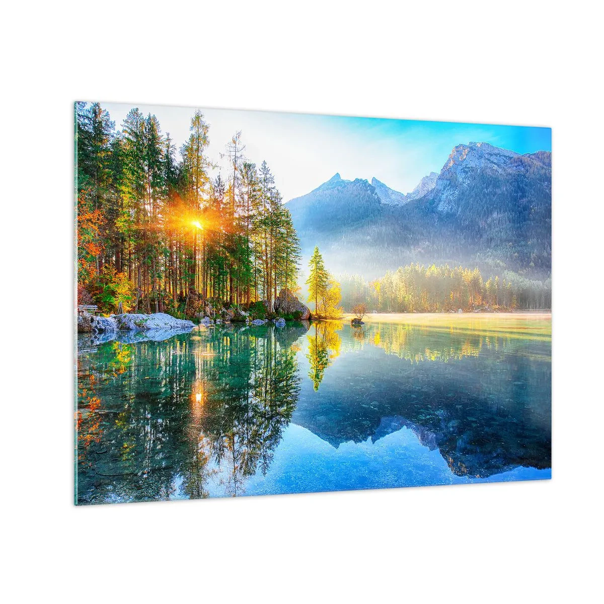 Glastavla - Bild på glas - Berglandskap med en sjö och morgonsolen - 70x50cm - Majestät och sötma - Modern väggdekoration för vardagsrum och sovrum ARTTOR