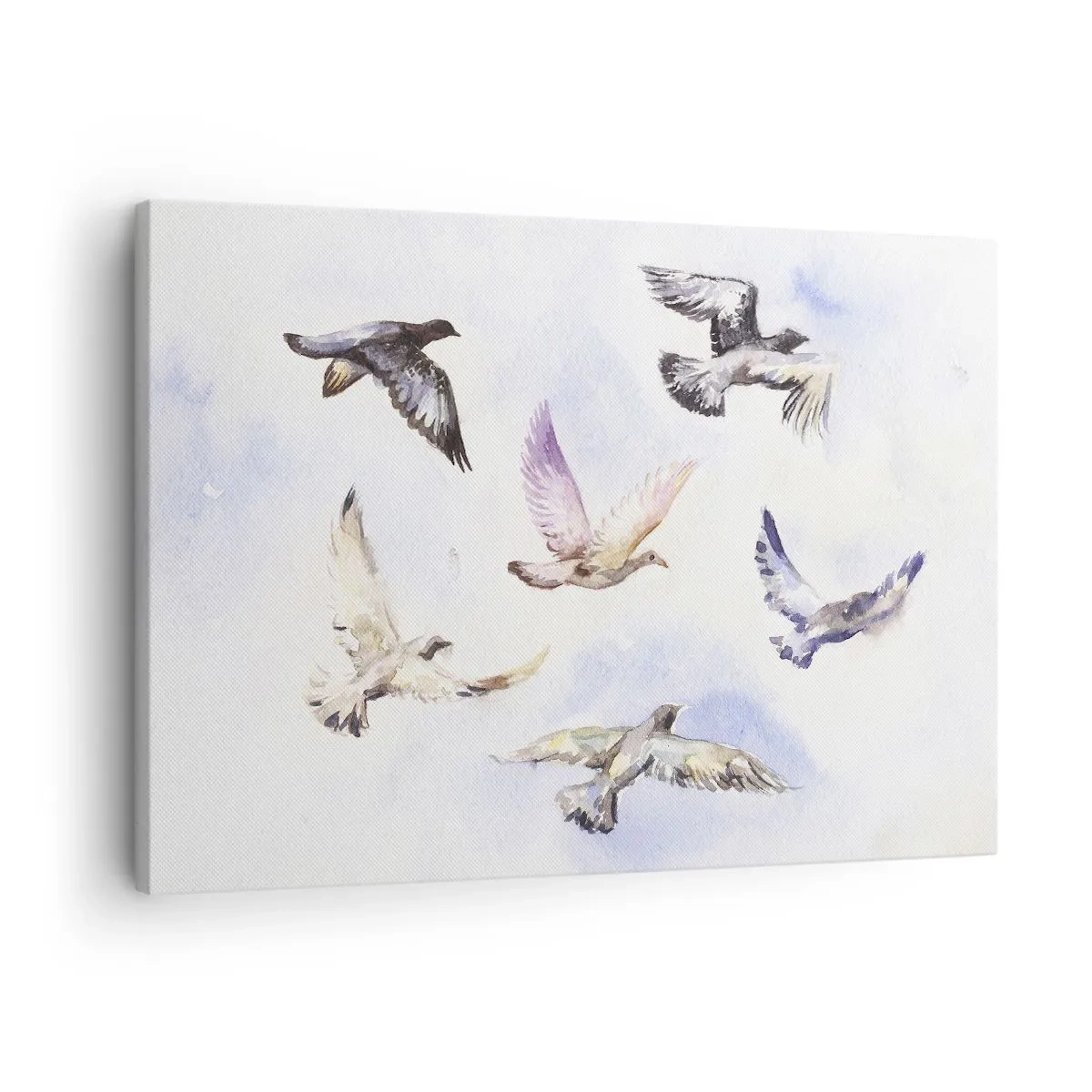 Canvastavla - Bild på duk - Akvarellfåglar i flykt mot en delikat himmel - 70x50cm - Frihet i grått och blått - Modern väggdekoration för vardagsrum och sovrum ARTTOR