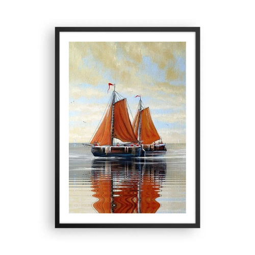 Affisch i svart ram - Segelbåtar på lugnt vatten med röda segel - 50x70cm - Hej, segla seglaren… - Modern väggdekoration för vardagsrum och sovrum ARTTOR