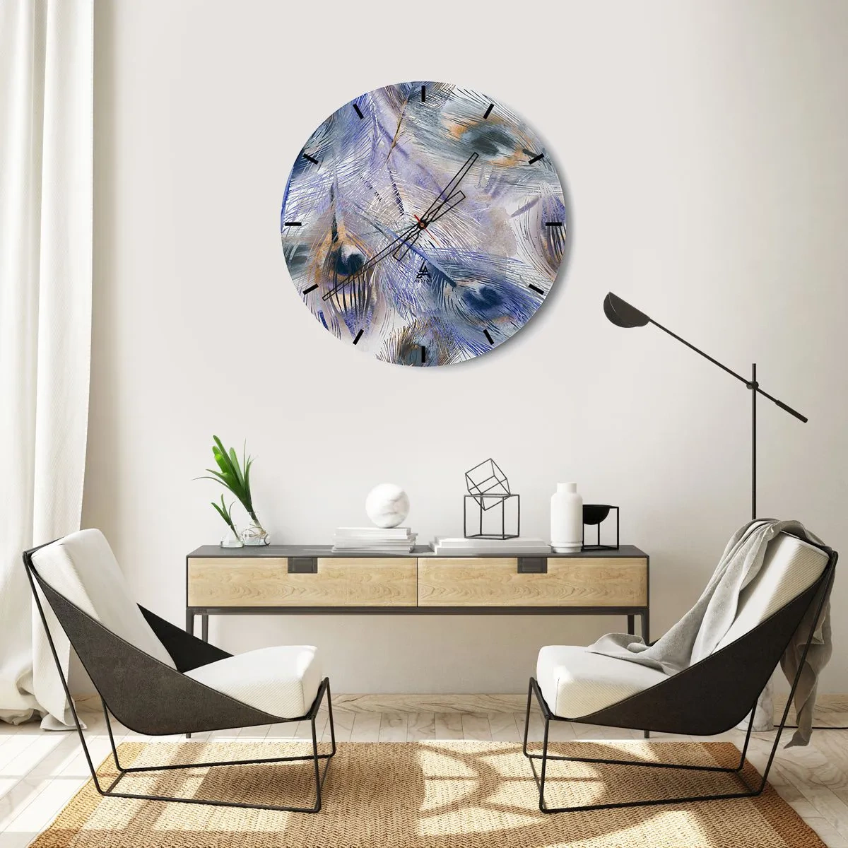 Väggklocka - Klocka på glas - En komposition inspirerad av påfågelfjädrar i en konstnärlig stil - 30x30cm - Komposition med påfågelsfjädrar - Modern väggdekoration för vardagsrum, kök och sovrum ARTTOR