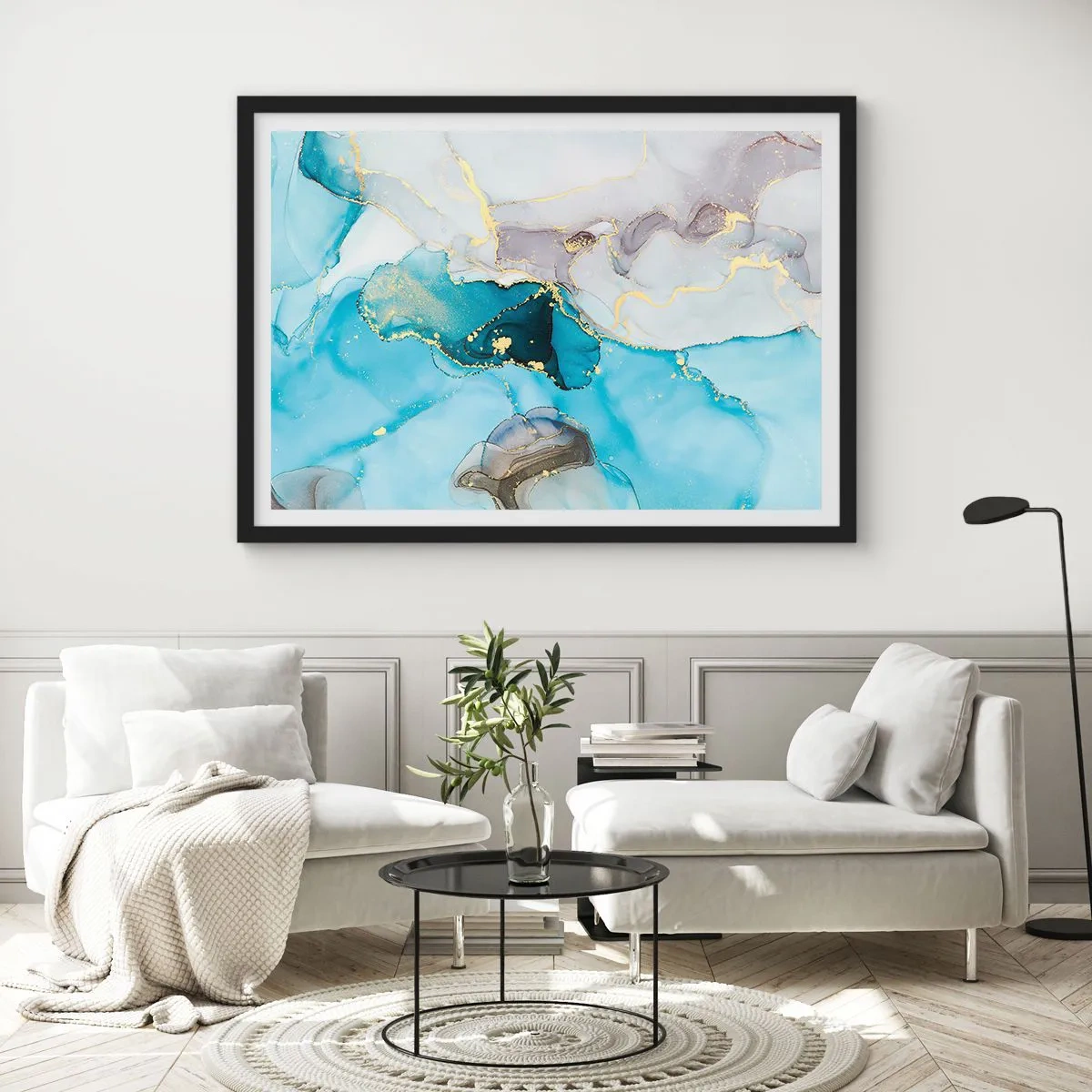 Affisch i svart ram - Studie över mötet mellan grå och turkos - 91x61 cm
