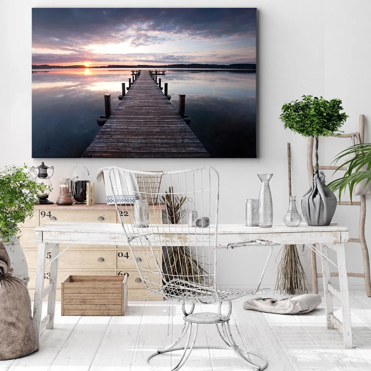 Canvastavla - Bild på duk - En pir vid en sjö vid solnedgången i ett fridfullt landskap - 70x50cm - Den tysta gränsen mellan dag och natt - Modern väggdekoration för vardagsrum och sovrum ARTTOR