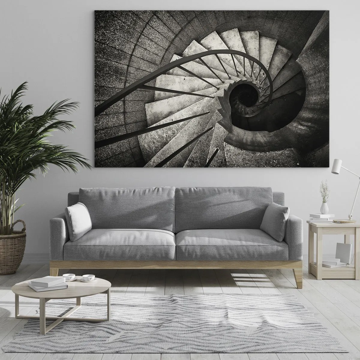 Glastavla - Bild på glas - En svartvit spiraltrappa från ett fågelperspektiv - 70x50cm - Uppför trappan, nedför trappan - Modern väggdekoration för vardagsrum och sovrum ARTTOR