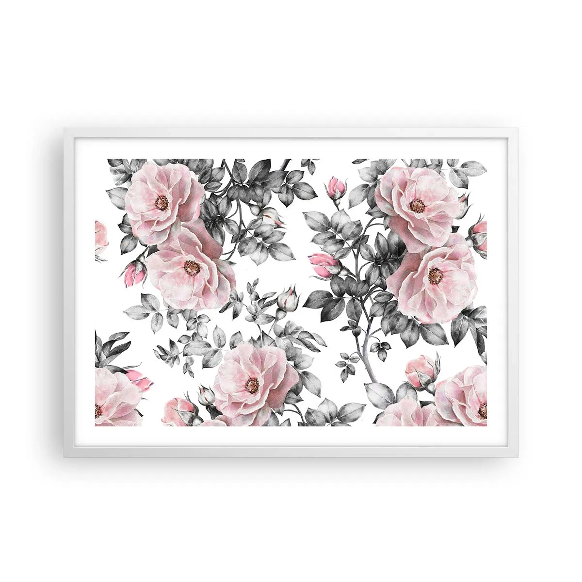 Affisch i vit ram - Tappa sig i rosblommorna - 70x50 cm