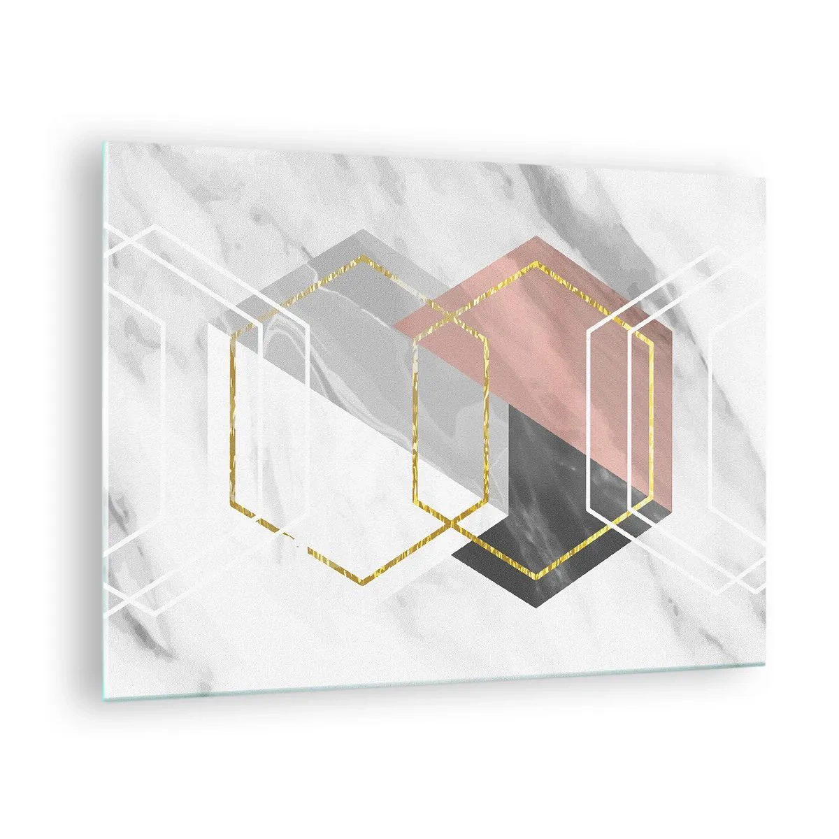 Glastavla - Bild på glas - Gyllene geometriska former på en marmorbakgrund - 70x50cm - Kedjekomposition - Modern väggdekoration för vardagsrum och sovrum ARTTOR