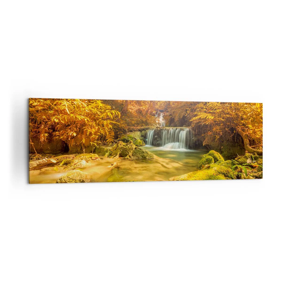 Canvastavla - Bild på duk - Skogkaskad i gult - 160x50 cm