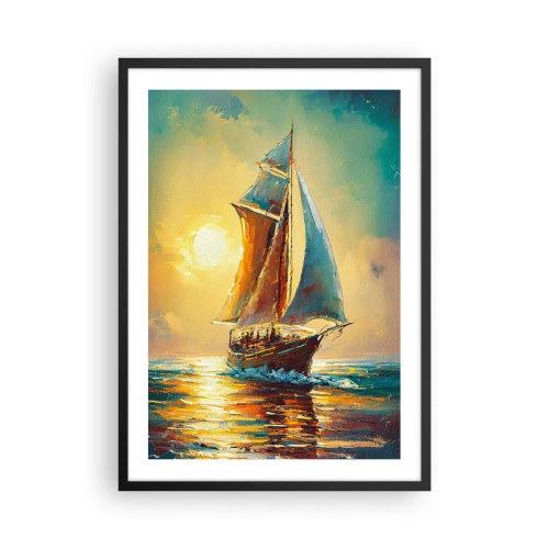 Affisch i svart ram - Ett segelfartyg mot bakgrund av en gyllene solnedgång - 50x70cm - Under fulla segel - Modern väggdekoration för vardagsrum och sovrum ARTTOR