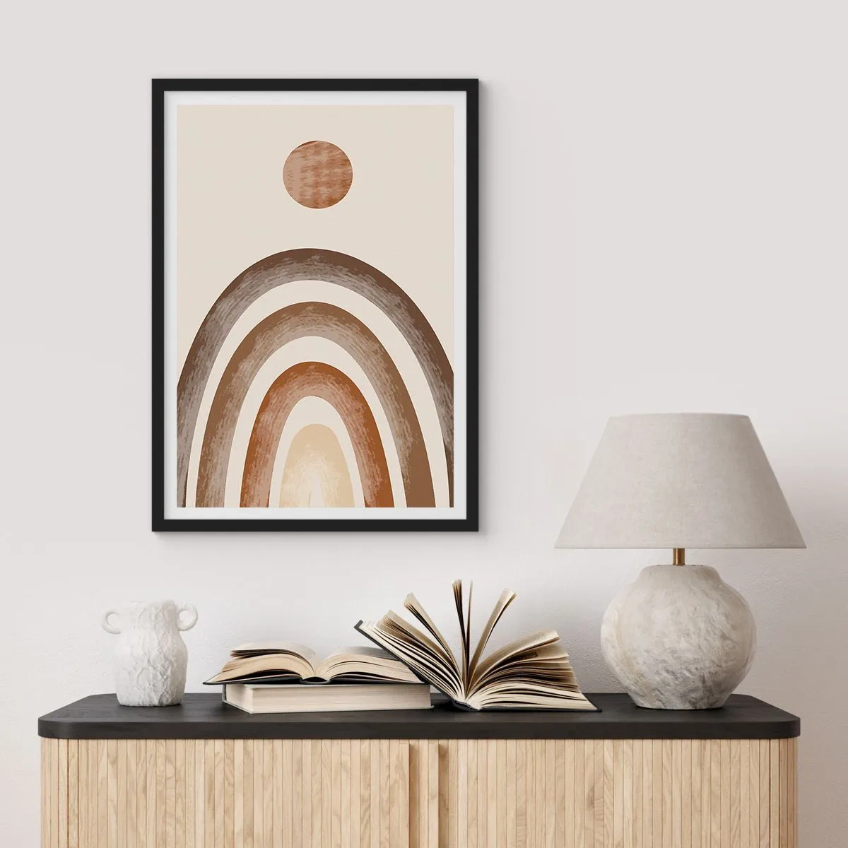 Affisch i svart ram - Abstrakt motiv av valv och sol i jordnära toner - 50x70cm - I den avlägsna galaxen - Modern väggdekoration för vardagsrum och sovrum ARTTOR