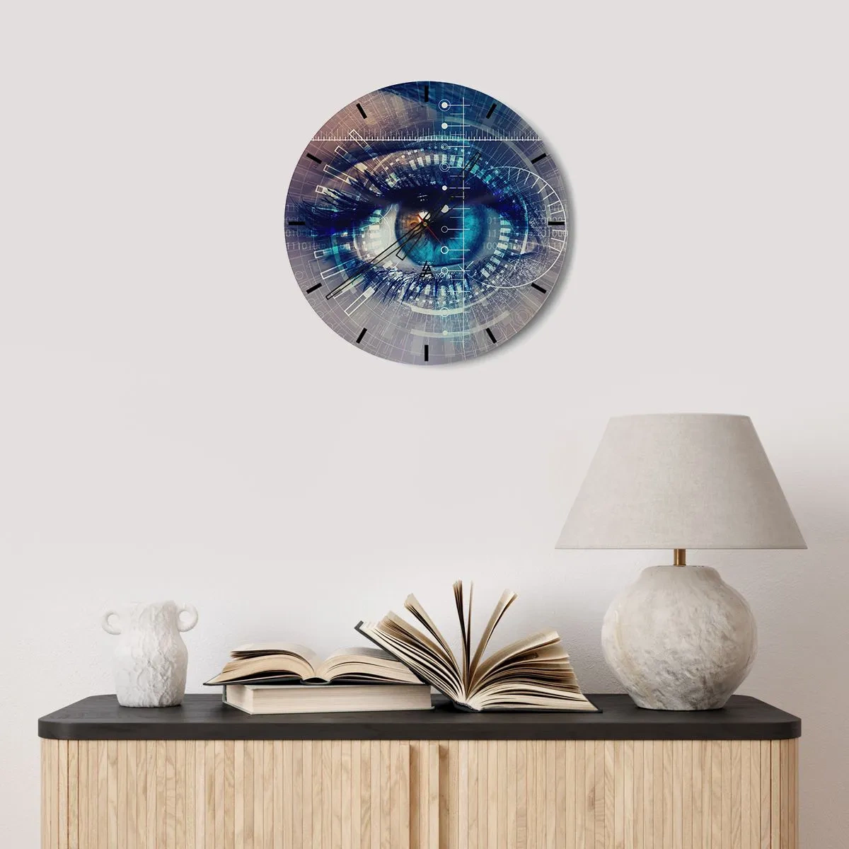 Väggklocka - Klocka på glas - Ett öga omgivet av digital grafik - 30x30cm - Du tror att du känner mig - Modern väggdekoration för vardagsrum, kök och sovrum ARTTOR