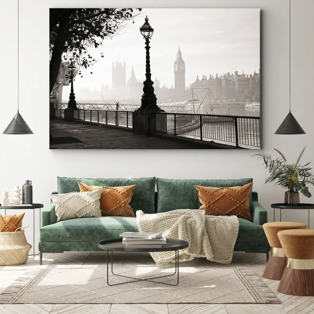 Canvastavla - Bild på duk - En monokromatisk vy av Big Ben och Themsen. - 70x50cm - Morgon i London - Modern väggdekoration för vardagsrum och sovrum ARTTOR