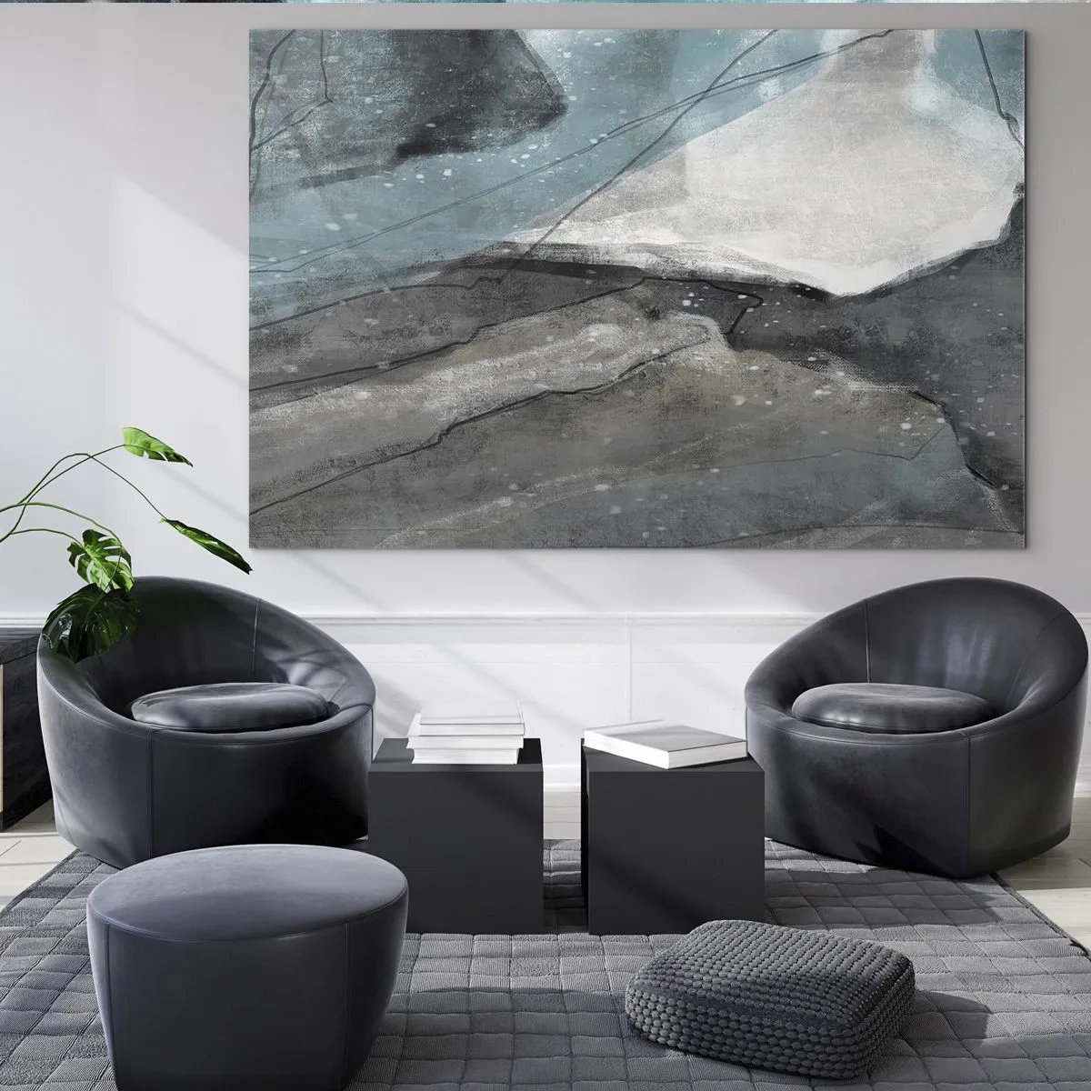 Glastavla - Bild på glas - En abstrakt skildring av stenar och is i en cool färgpalett. - 70x50cm - Abstraktion: stenar och is - Modern väggdekoration för vardagsrum och sovrum ARTTOR