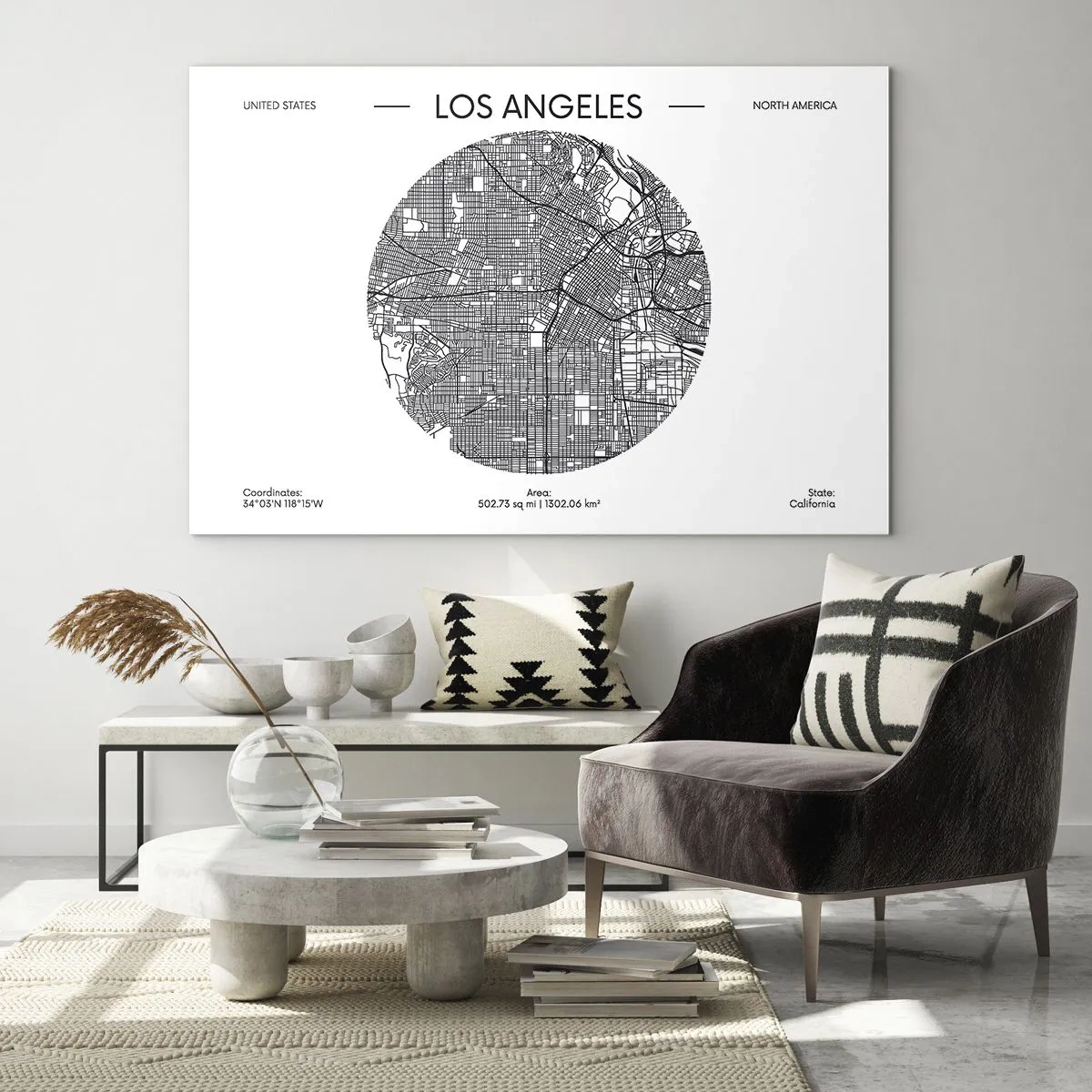 Glastavla - Bild på glas - En minimalistisk svartvit karta över Los Angeles. - 70x50cm - Los Angeles anatomi - Modern väggdekoration för vardagsrum och sovrum ARTTOR