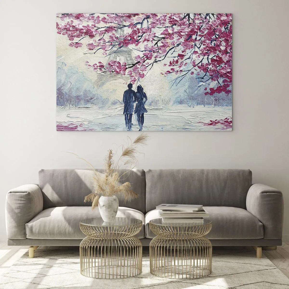 Glastavla - Bild på glas - Ett par som går under blommande träd - 70x50cm - Romantisk promenad - Modern väggdekoration för vardagsrum och sovrum ARTTOR