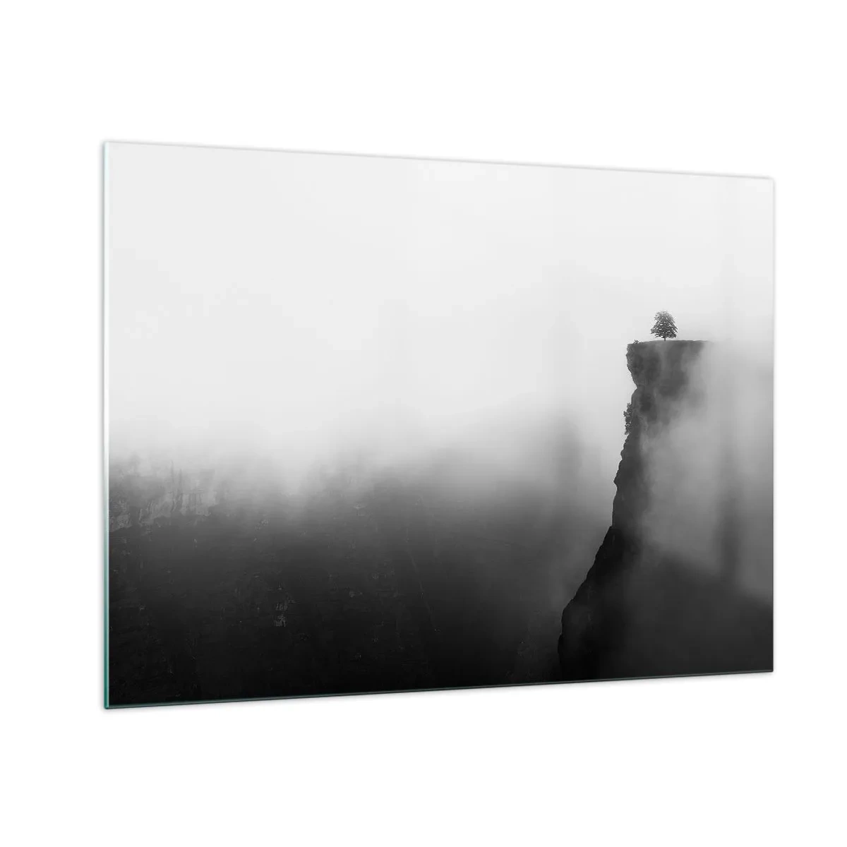 Glastavla - Bild på glas - Ett ensamt träd på kanten av en klippa i tjock dimma - 70x50cm - På världens gräns - Modern väggdekoration för vardagsrum och sovrum ARTTOR