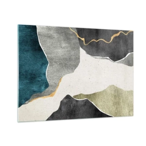 Glastavla - Bild på glas - Abstrakt mosaik med organiska former och en gyllene linje - 70x50cm - Mosaikkomposition med en guldtråd - Modern väggdekoration för vardagsrum och sovrum ARTTOR