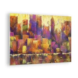 Glastavla - Bild på glas - En abstrakt metropol i varma färger med accenter av lila. - 70x50cm - Metropolis komposition - Modern väggdekoration för vardagsrum och sovrum ARTTOR