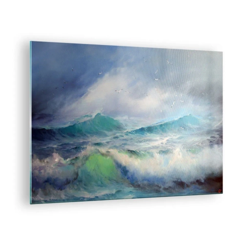 Glastavla - Bild på glas - Grova havsvågor med fåglar i en molnig himmel - 70x50cm - "Orkanen vrålade med triumf…' - Modern väggdekoration för vardagsrum och sovrum ARTTOR