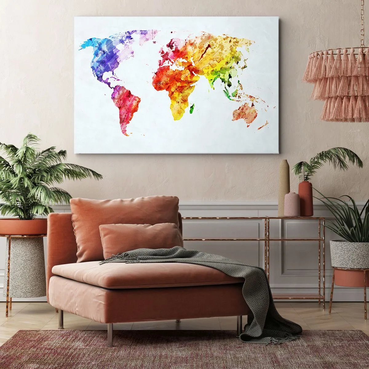 Canvastavla - Bild på duk - Färgglad akvarell världskarta - 70x50cm - Världens alla färger - Modern väggdekoration för vardagsrum och sovrum ARTTOR