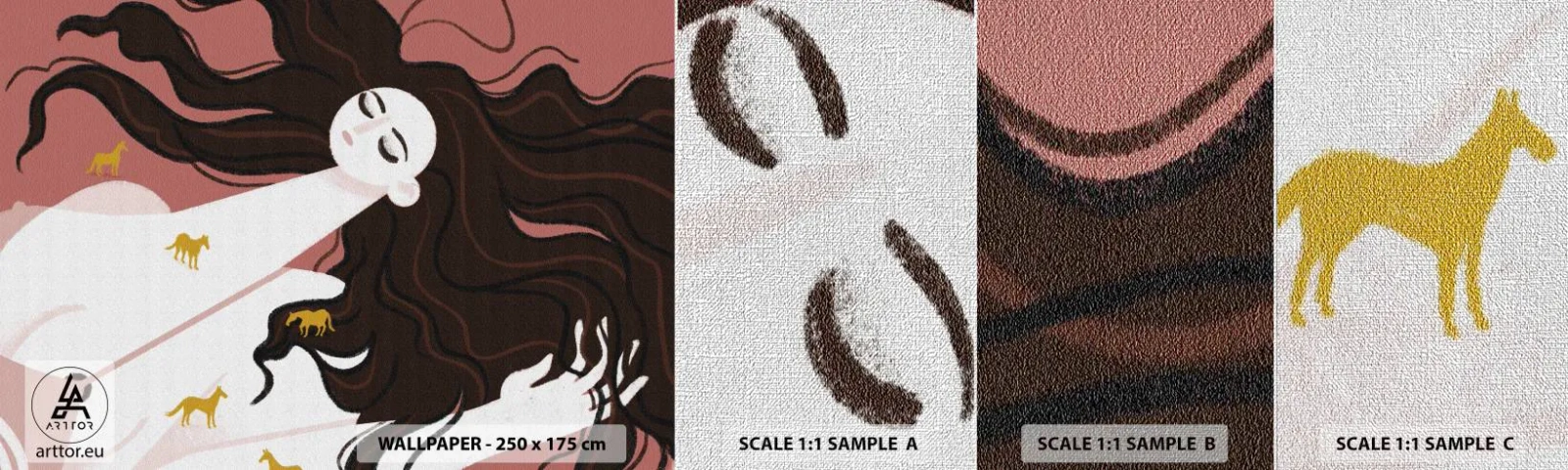 Provbit av fototapet Premium Canvas - Dröm om en gyllene häst - Kvinna, Porträtt, Minimalism - 100x30 cm