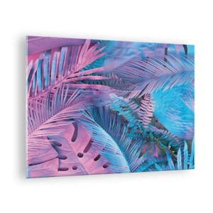 Glastavla - Bild på glas - Tropiska löv i nyanser av rosa och blått mot en neonbakgrund - 70x50cm - Tropiken i rosa och blått - Modern väggdekoration för vardagsrum och sovrum ARTTOR