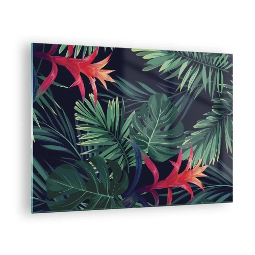 Glastavla - Bild på glas - Exotiska blad och blommor på en mörk bakgrund - 70x50cm - Brinna i grönskan - Modern väggdekoration för vardagsrum och sovrum ARTTOR