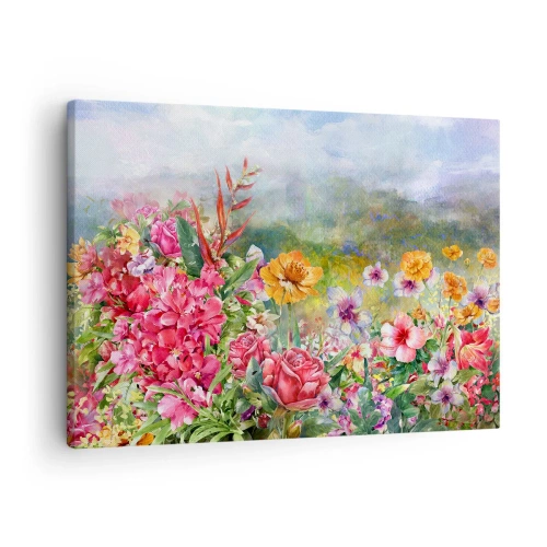 Canvastavla - Bild på duk - En färgglad blomkomposition mot en pastellfärgad landskapsbakgrund - 70x50cm - En trädgård som blivit galen - Modern väggdekoration för vardagsrum och sovrum ARTTOR
