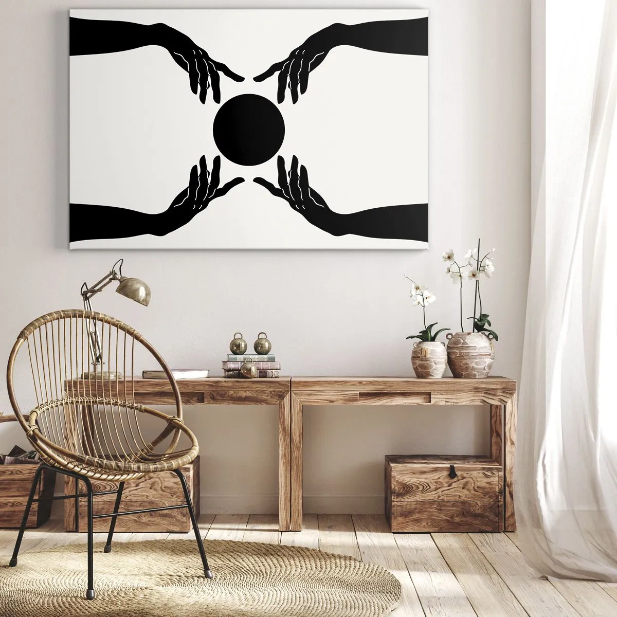 Canvastavla - Bild på duk - Svarta händer i en symmetrisk komposition med en boll - 70x50cm - Ett hemligt tecken - Modern väggdekoration för vardagsrum och sovrum ARTTOR