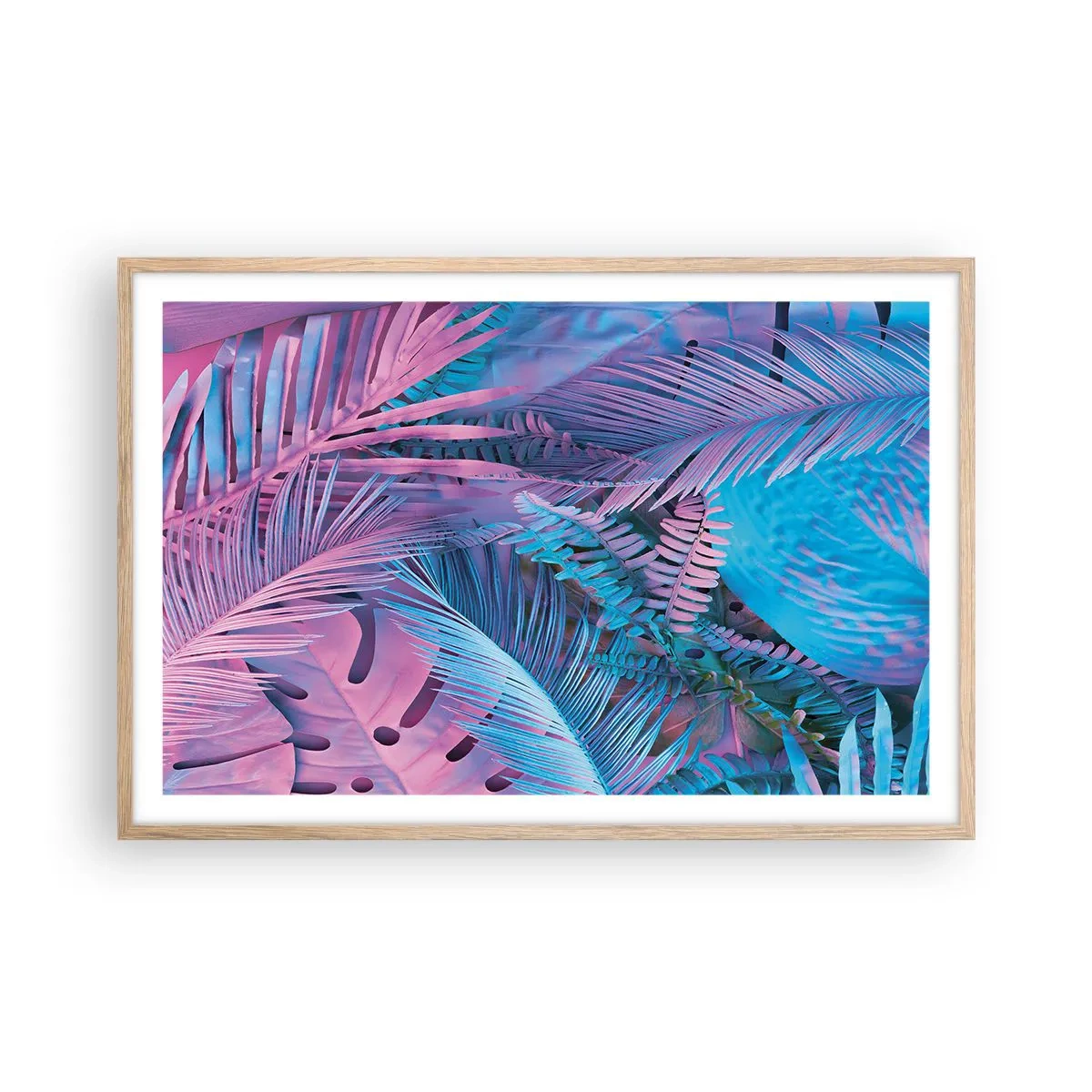 Affisch i ram av ljusek - Tropiken i rosa och blått - 91x61 cm