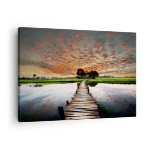 Canvastavla - Bild på duk - Träbro över vattnet vid solnedgången - 70x50cm - Fäll ut armarna - andas  - Modern väggdekoration för vardagsrum och sovrum ARTTOR