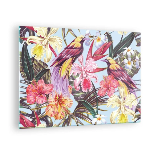 Glastavla - Bild på glas - Exotiska fåglar och blommor mot en ljus bakgrund - 70x50cm - Flingor och fjädrar - Modern väggdekoration för vardagsrum och sovrum ARTTOR