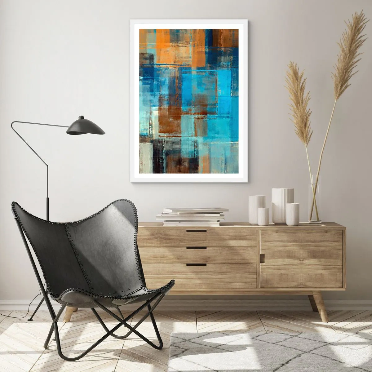 Affisch i vit ram - Genom blåa gardinen - 50x70 cm