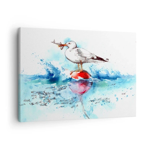 Canvastavla - Bild på duk - Mås på en boj med fisk i bakgrunden i akvarellstil - 70x50cm - Framgångsrik fångst - Modern väggdekoration för vardagsrum och sovrum ARTTOR