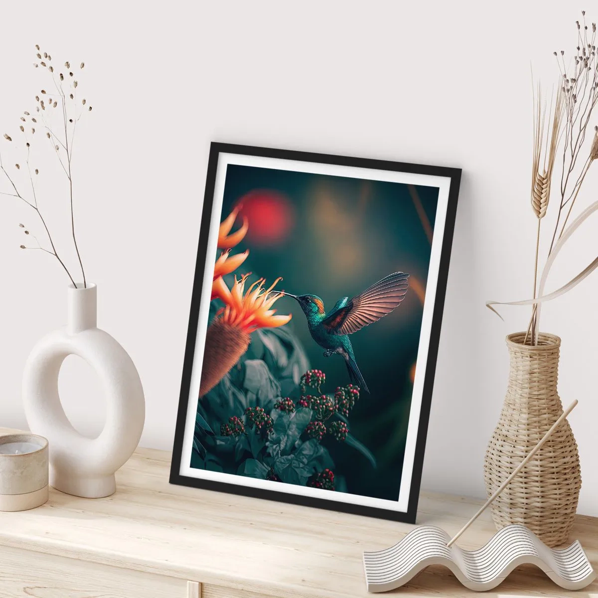 Affisch i svart ram - En färgglad kolibri nära blommor bland grönskan - 50x70cm - Ett verkligt färgglatt liv - Modern väggdekoration för vardagsrum och sovrum ARTTOR