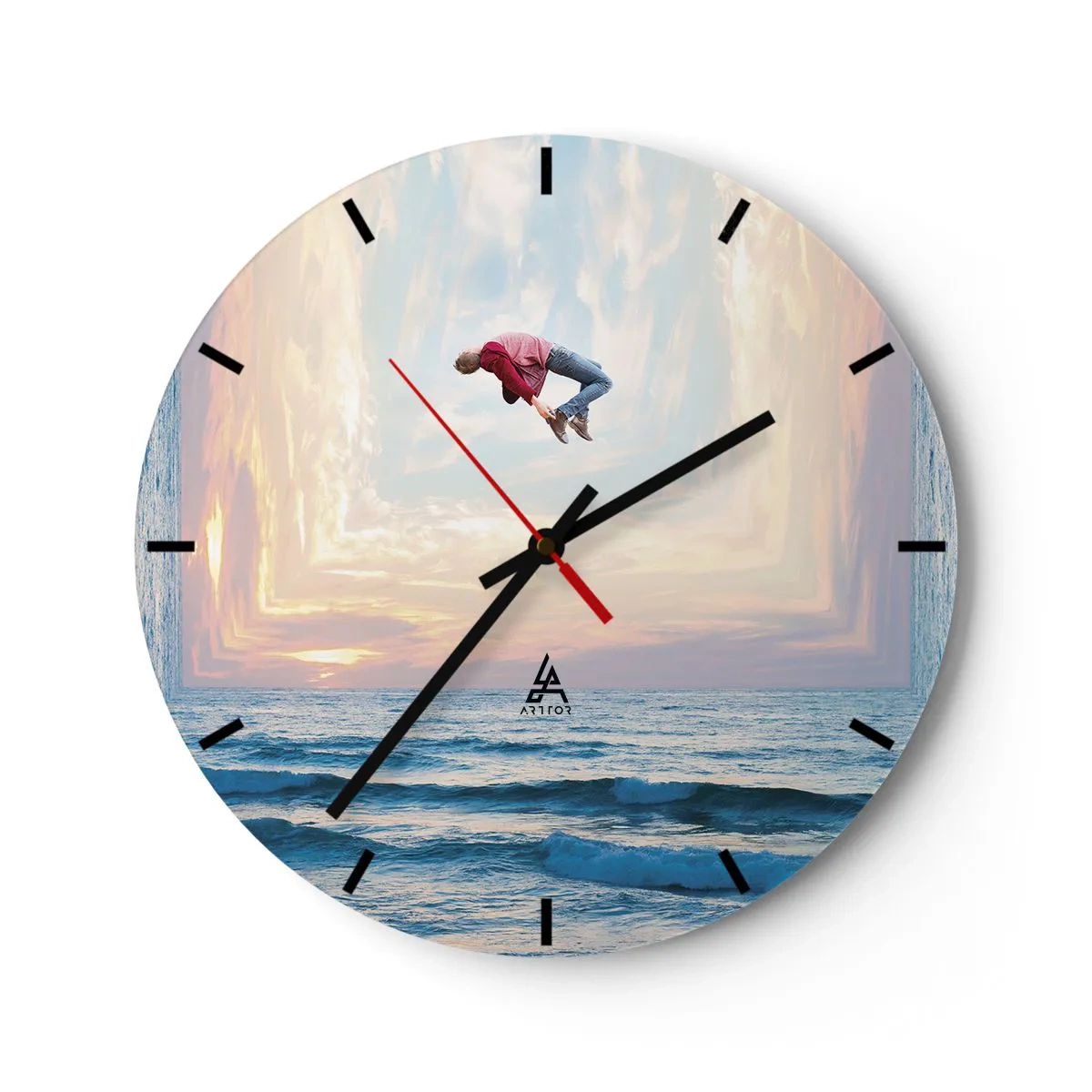 Väggklocka - Klocka på glas - En hoppande figur vid havet i ett surrealistiskt landskap - 30x30cm - Till en annan dimension - Modern väggdekoration för vardagsrum, kök och sovrum ARTTOR