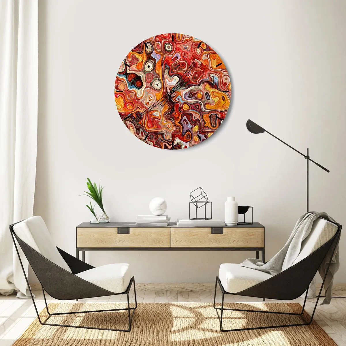 Väggklocka - Klocka på glas - Abstrakt mönster i nyanser av rött, orange och gult - 30x30cm - Om nötterna löstes upp i honung - Modern väggdekoration för vardagsrum, kök och sovrum ARTTOR