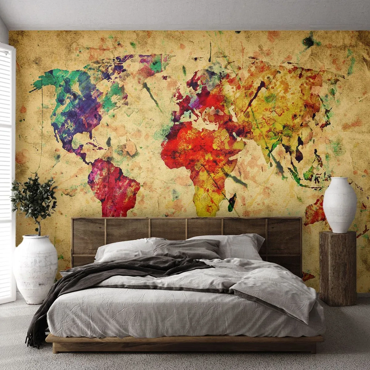 Fototapet Standard Eco - Färgglad akvarell världskarta - 100x70cm - Livet som färgglatt kartpapper - Modern väggdekoration för vardagsrum och sovrum ARTTOR