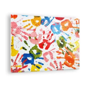 Glastavla - Bild på glas - Färgglada handavtryck på vit bakgrund - 70x50cm - Följs spåren - Modern väggdekoration för vardagsrum och sovrum ARTTOR