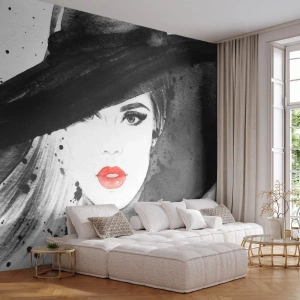 Fototapet Standard Eco - En snygg kvinna i hatt i akvarellstil - 100x70cm - En dam i svart - Modern väggdekoration för vardagsrum och sovrum ARTTOR