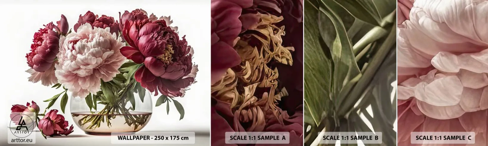 Fototapet Prov Standard Eco - I full blom av skönhet - Blombukett, Vas, Pioner - 100x30 cm